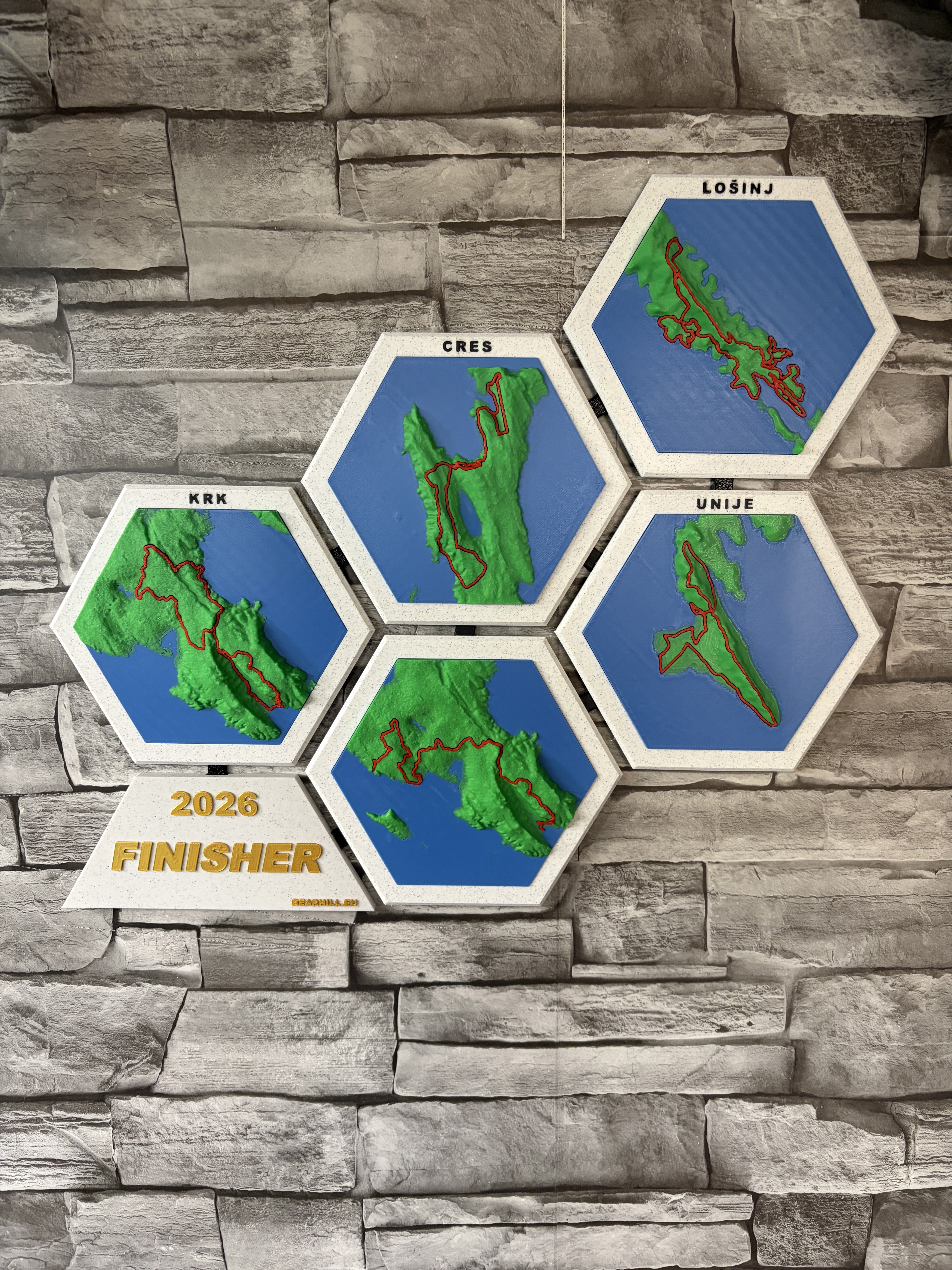 Kvarner Islands topographic trail map wall art hexagon tiles